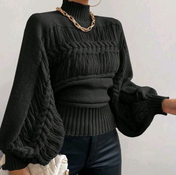 Luxe Mock Neck Cable Knit Lantern Sleeve Sweater Top - Picture 5 of 7